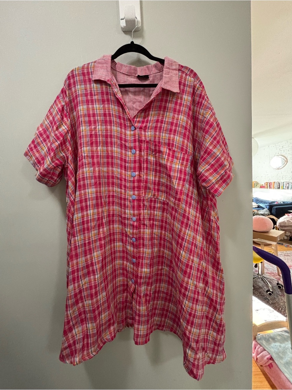 NWOT Nettle Studios OS Pink Plaid Shirt Dress - Picture 5 of 6